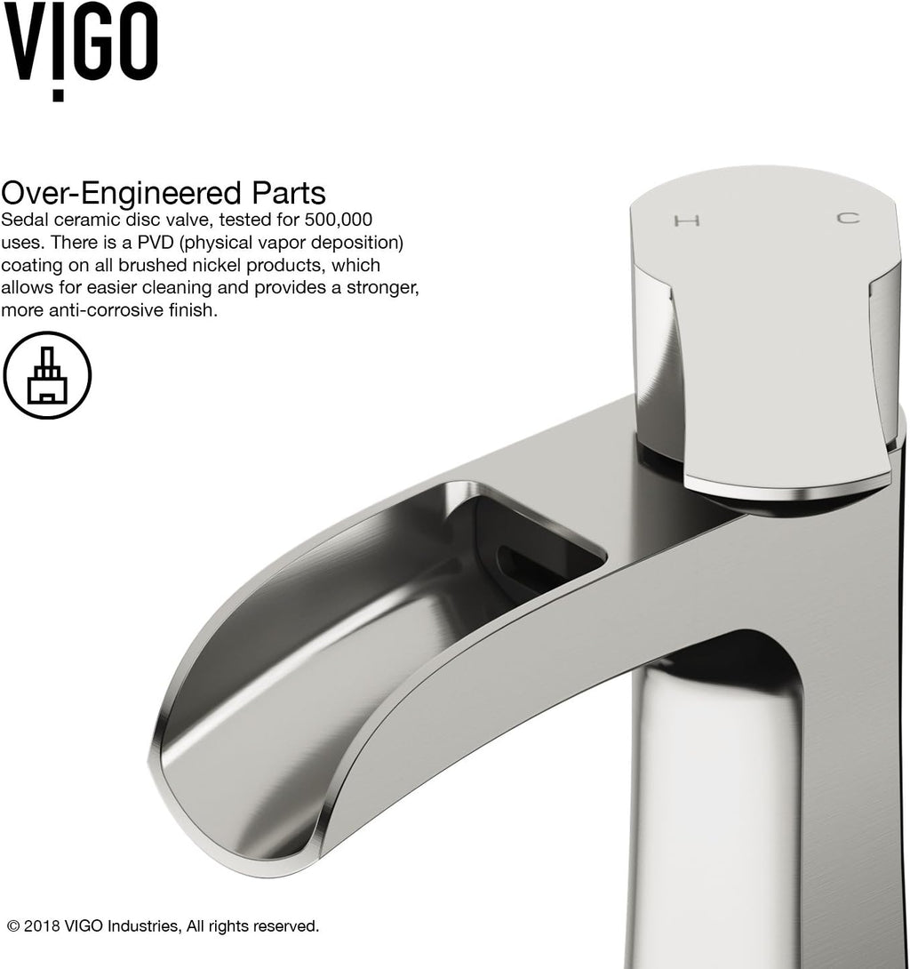 VIGO Paloma Waterfall Single-Handle Single-Hole Mount Bathroom Sink Faucet, 7-Inch, Brushed Nickel, Modern Design, Solid Brass, 1.2 GPM WaterSense & Ceramic Disc Valve, Corrosion-Resistant - VG01041BN