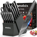 MOSFiATA Kitchen Knife Set, 17 Pcs Japanese Stainless Steel Knife Sets for Kitchen with Block with Knife Sharpening Rod, Dishwasher Safe, Titanium Plated Knife Block Set (Gray)