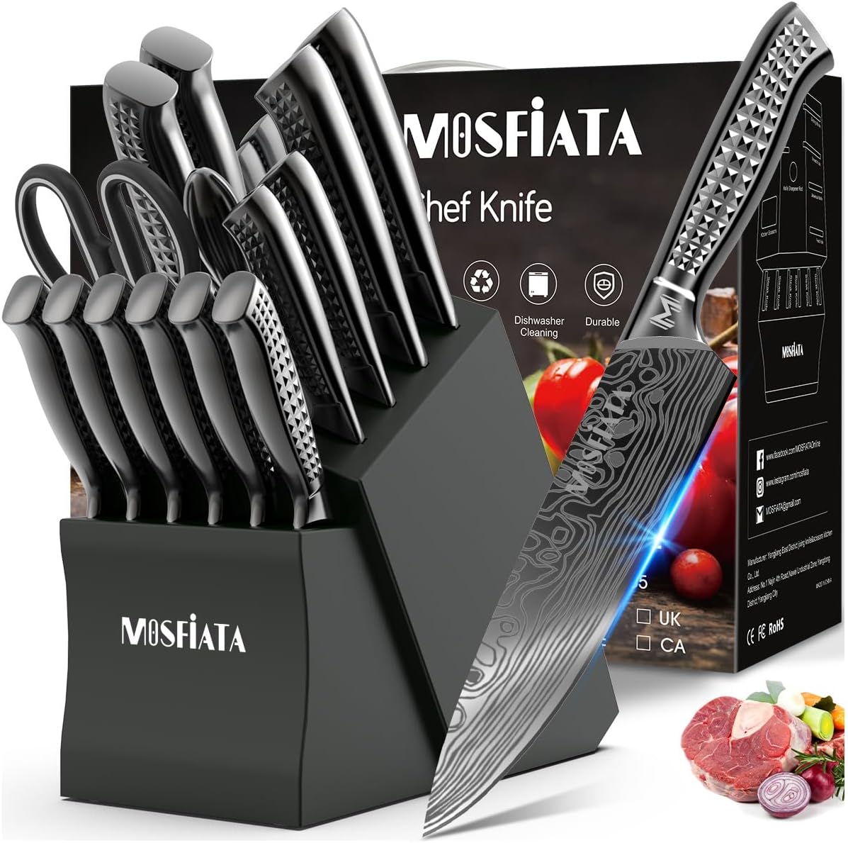 MOSFiATA Kitchen Knife Set, 17 Pcs Japanese Stainless Steel Knife Sets for Kitchen with Block with Knife Sharpening Rod, Dishwasher Safe, Titanium Plated Knife Block Set (Gray)
