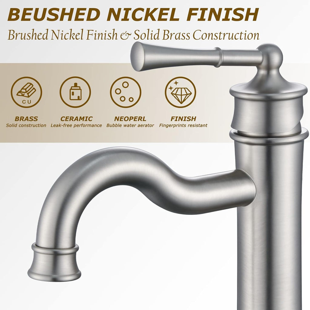 Vessel Sink Faucet Brushed Nickel Bathroom Tall Faucet Single Hole Deck-Mount Pop up Drain Assembly Without Overflow Water Supply Lines Included