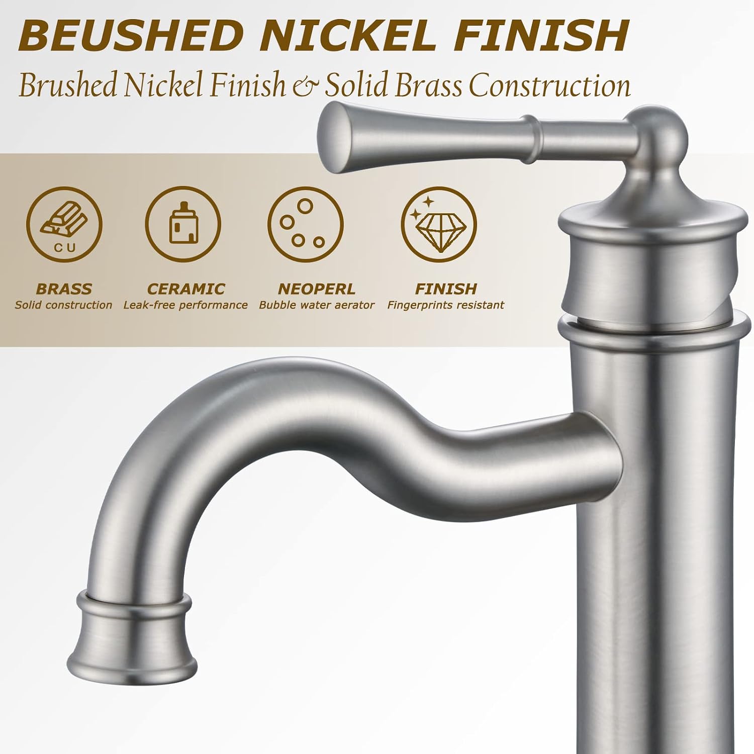 Vessel Sink Faucet Brushed Nickel Bathroom Tall Faucet Single Hole Deck-Mount Pop up Drain Assembly Without Overflow Water Supply Lines Included