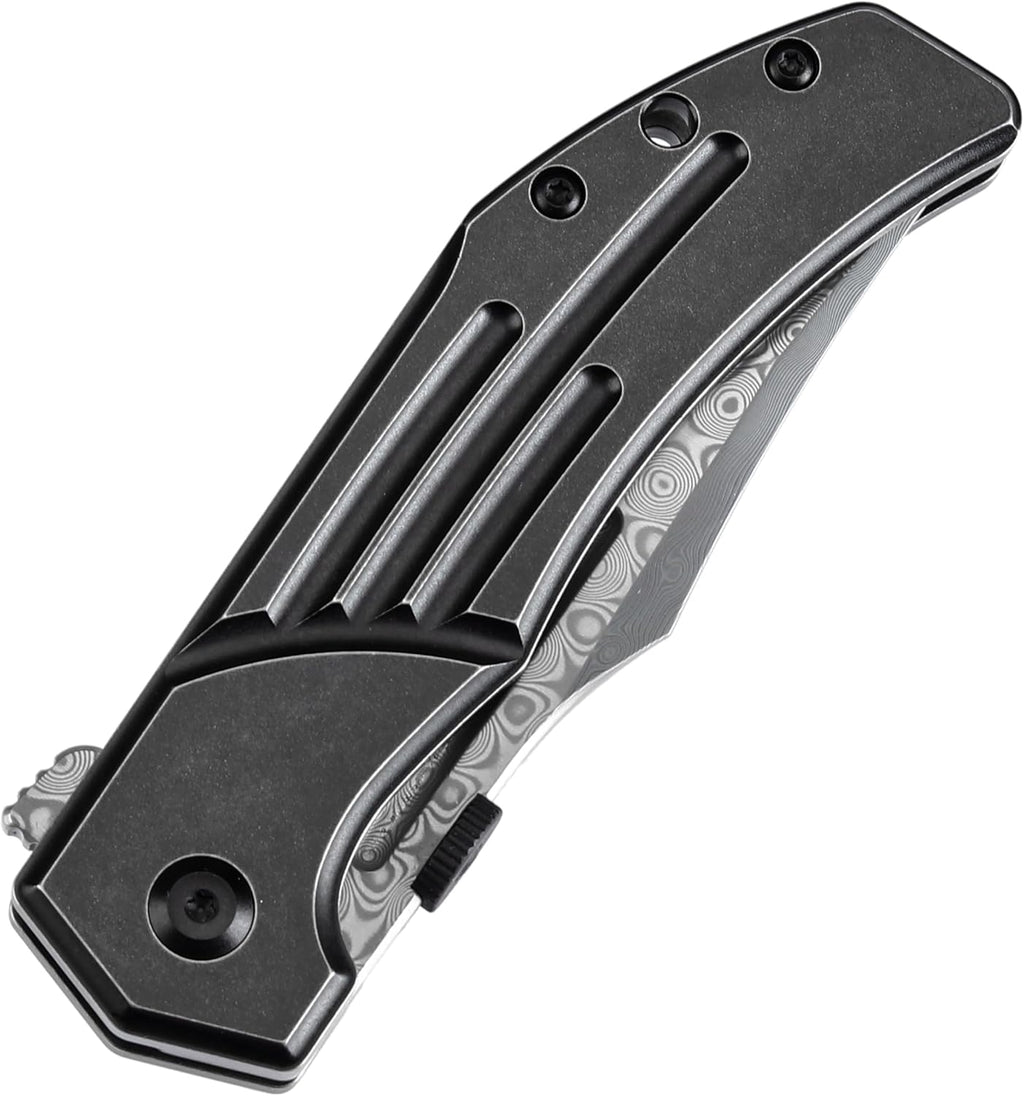 KANSEPT Orion Pocket Knife, 3.07'' Damascus Elegant Blade with Blood Groove, CNC Black Anodized Milling Titanium Handle and Flipper, for Men Women Camping Survival Hunting Folding Knives K1089A3