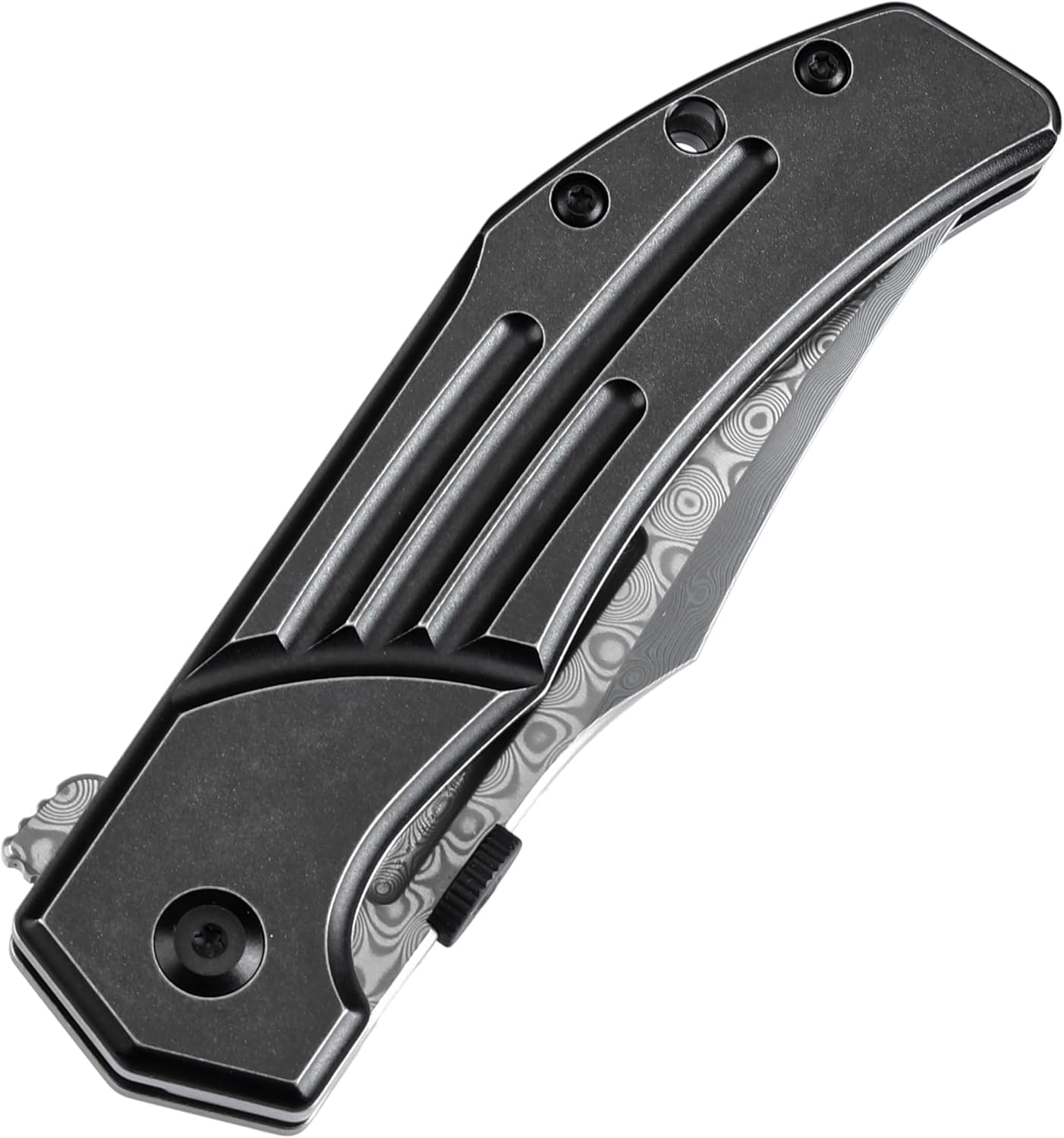 KANSEPT Orion Pocket Knife, 3.07'' Damascus Elegant Blade with Blood Groove, CNC Black Anodized Milling Titanium Handle and Flipper, for Men Women Camping Survival Hunting Folding Knives K1089A3