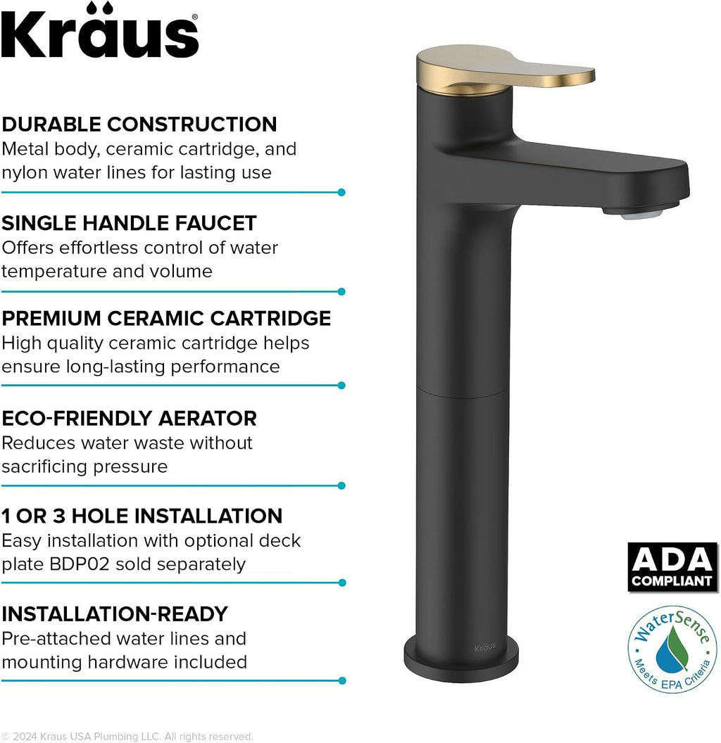 KRAUS Indy Bathroom Faucet for Vessel Sink in Spot-Free Brushed Brass/Matte Black with Single Handle, Pop Up Drain and Supply Lines, KVF-1410SFBBMB