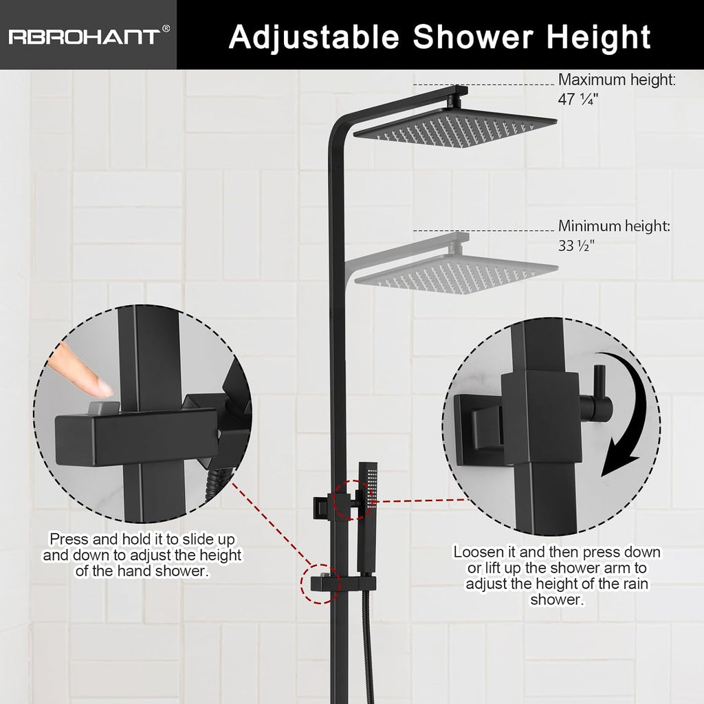 RBROHANT 3 Functions Exposed Shower System, Matte Black Exposed Shower Faucet Set, 10 Inch Rain Shower Head with Handheld and Tub Spout,Shower Height Adjustable, Wall Mounted