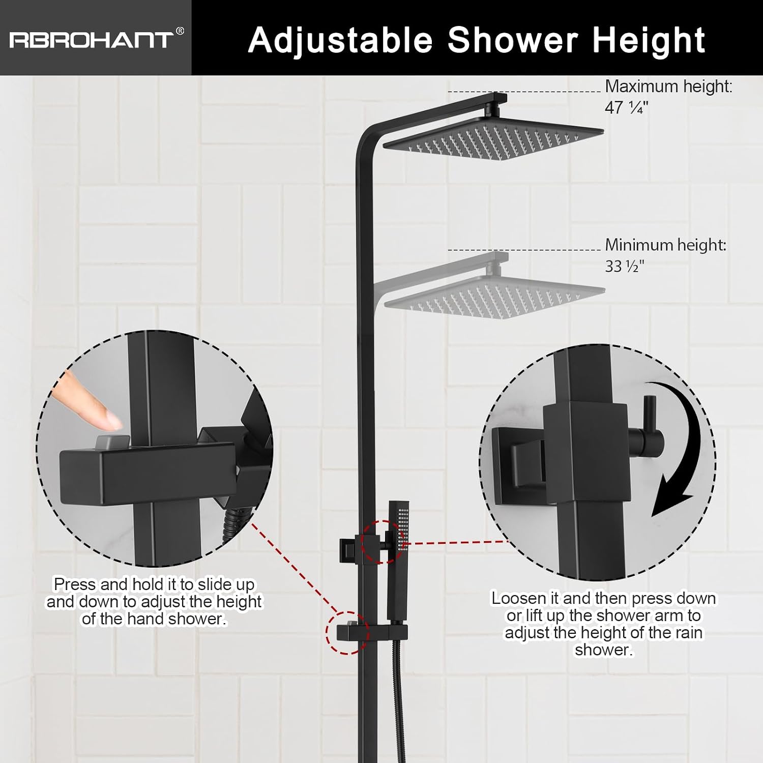 RBROHANT 3 Functions Exposed Shower System, Matte Black Exposed Shower Faucet Set, 10 Inch Rain Shower Head with Handheld and Tub Spout,Shower Height Adjustable, Wall Mounted