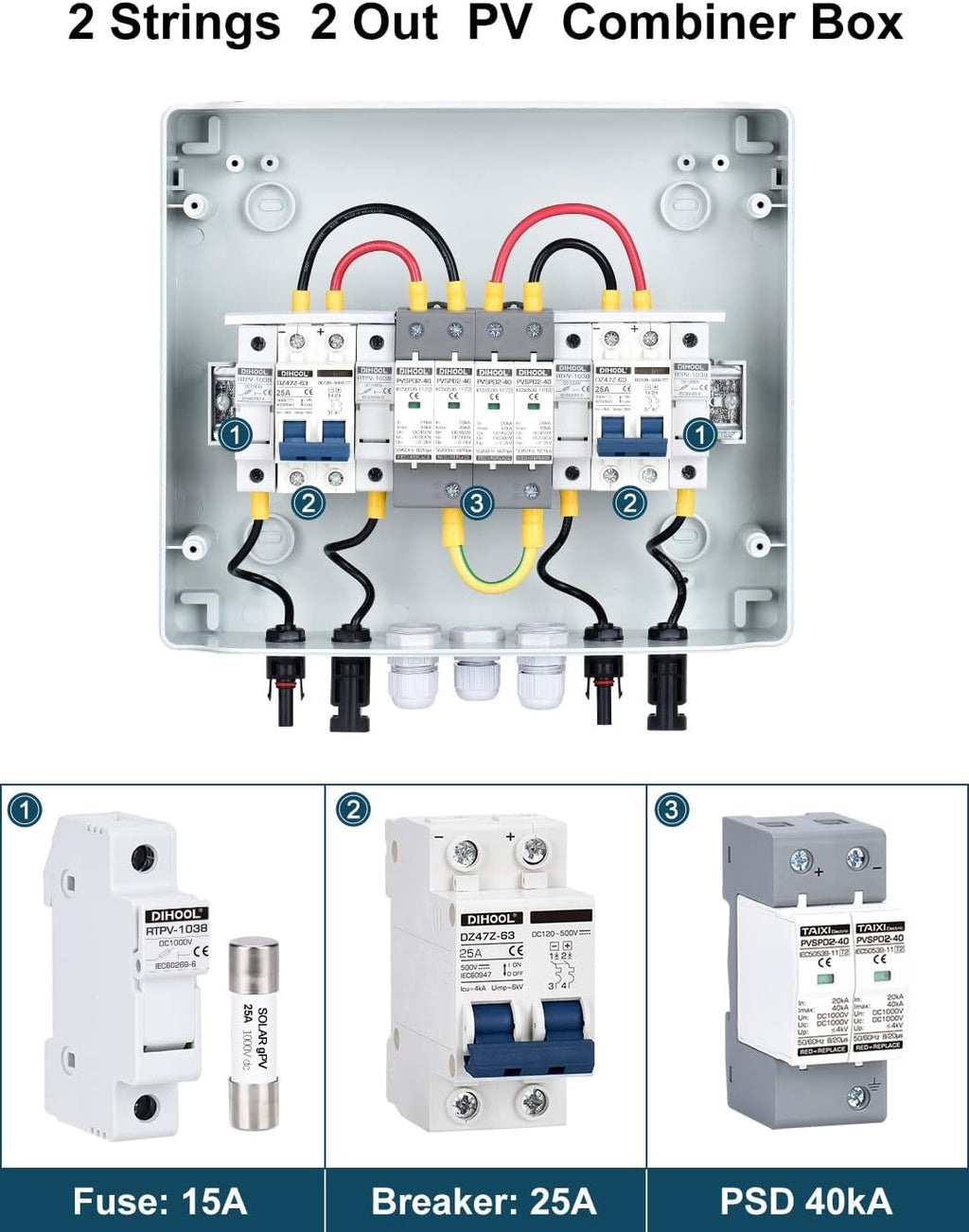 DIHOOL PV Solar Combiner Box for Solar Panels 2 String 25 Amp Junction Box DC500V 25A 2 in 2 Out