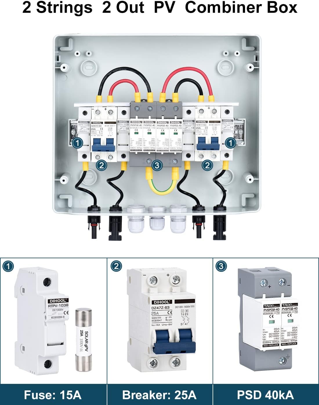 DIHOOL PV Solar Combiner Box for Solar Panels 2 String 25 Amp Junction Box DC500V 25A 2 in 2 Out