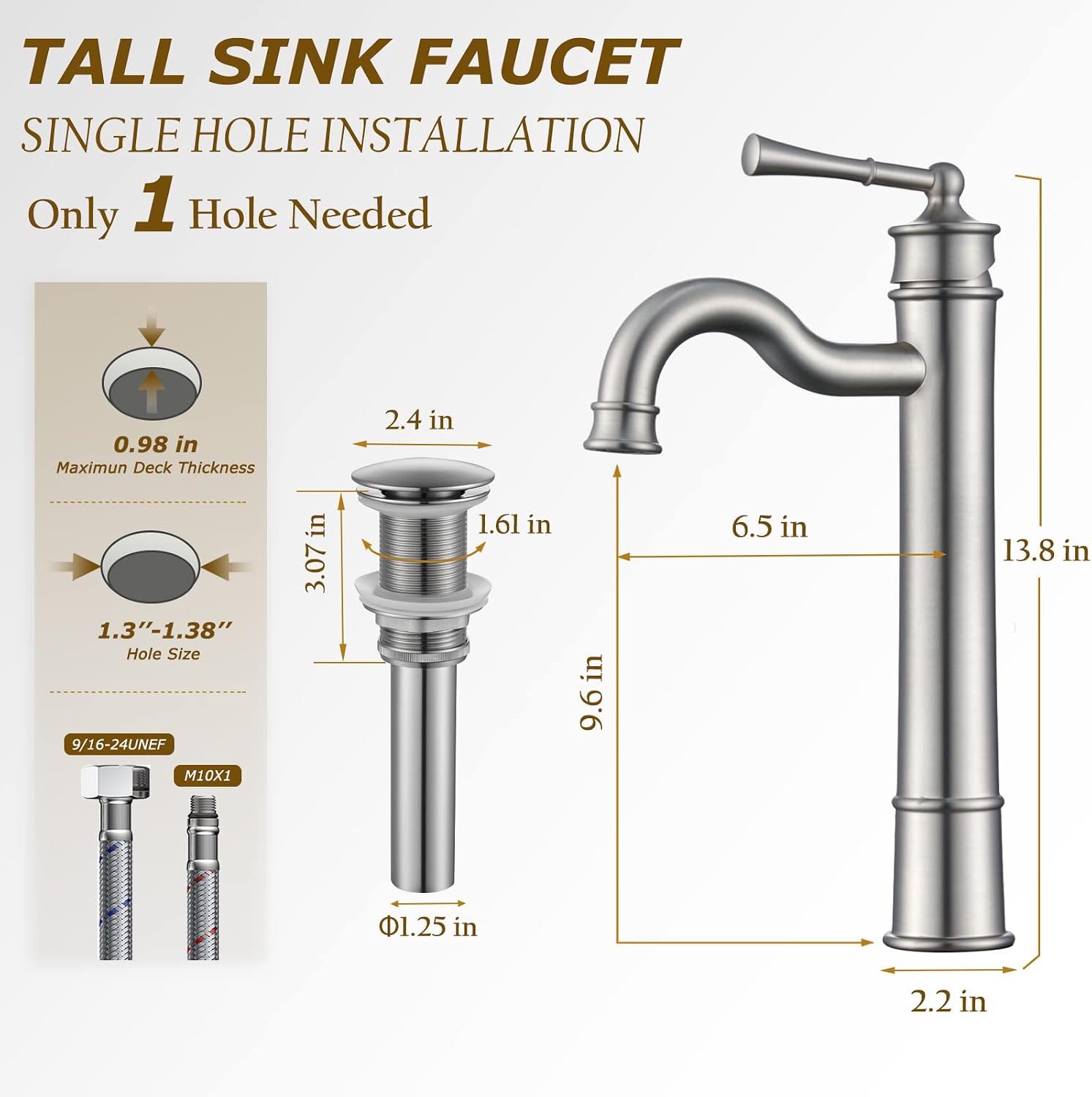Vessel Sink Faucet Brushed Nickel Bathroom Tall Faucet Single Hole Deck-Mount Pop up Drain Assembly Without Overflow Water Supply Lines Included