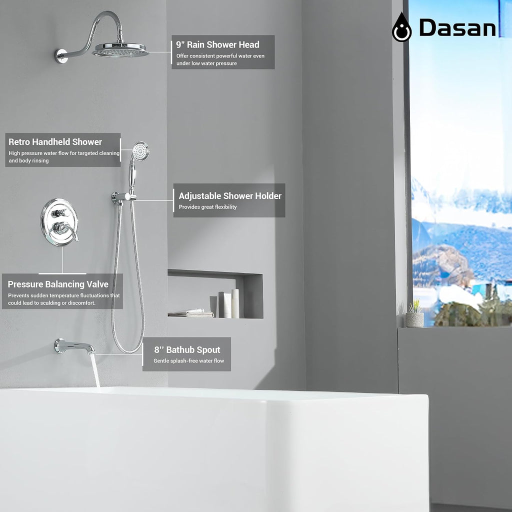 DASAN Shower System with Tub Spout, Chrome Tub and Shower Faucet Combo Set with Valve & Trim Kit Bathtub Shower Faucet Set Bathtub Shower System with Rainfall Shower Head & Handheld, AT309W-PC