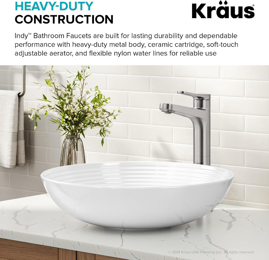 KRAUS Indy Bathroom Faucet for Vessel Sink in Spot-Free Brushed Nickel with Single Handle, Pop Up Drain and Supply Lines, KVF-1410SFBN