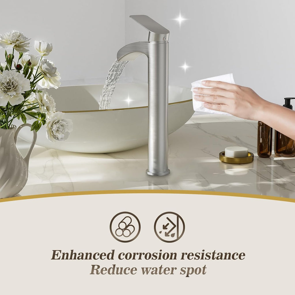 Phiestina Brushed Nickel Tall Bathroom Vessel Sink Faucet 2 Pack, Single Hole Single Handle Waterfall Above Countertop Sink Bathroom Faucet, with Pop Up Drain and Water Supply Line, NS-SF01-V-BN-2pack