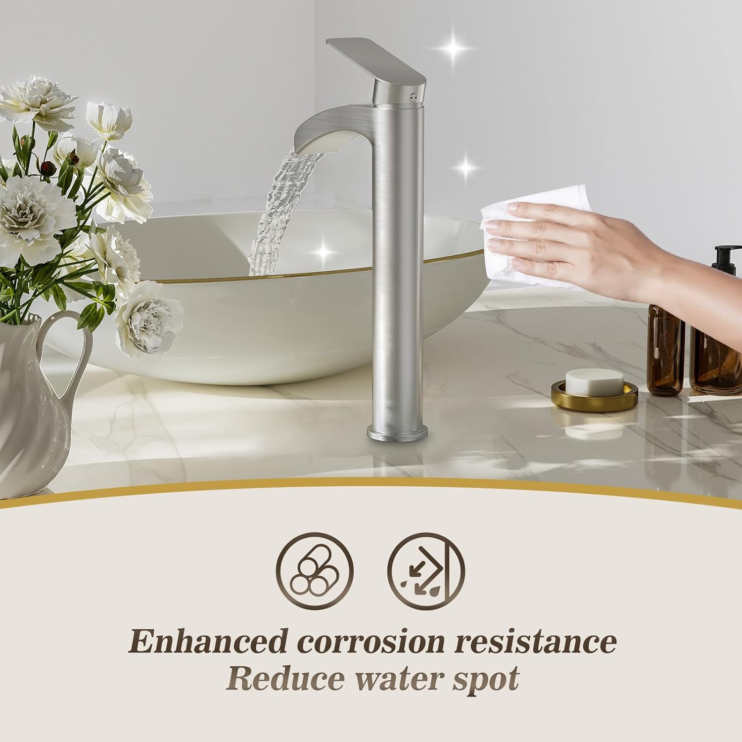 Phiestina Brushed Nickel Tall Bathroom Vessel Sink Faucet 2 Pack, Single Hole Single Handle Waterfall Above Countertop Sink Bathroom Faucet, with Pop Up Drain and Water Supply Line, NS-SF01-V-BN-2pack