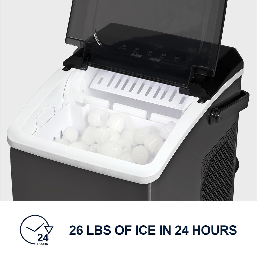 Koolatron Ice Makers Countertop Portable Ice Machine 2 Sizes Bullet Ice Cubes Ready in 6 Mins 26.5lbs/Day with Ice Scoop and Basket Digital Controls LED Indicators for Parties/Home/Office/Bar, Black