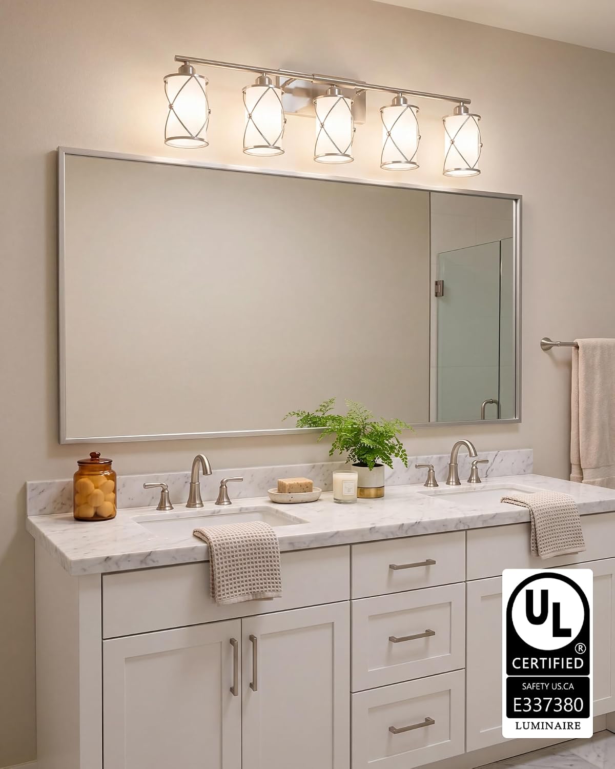 5-Light Brushed Gold Bathroom Light Fixtures Over Mirror, 42' UL-Listed Modern Wall Sconce Lights with Frosted Milk White Glass and Metal Cage for Bath, Hardwire E26, CH9176BNW-5W