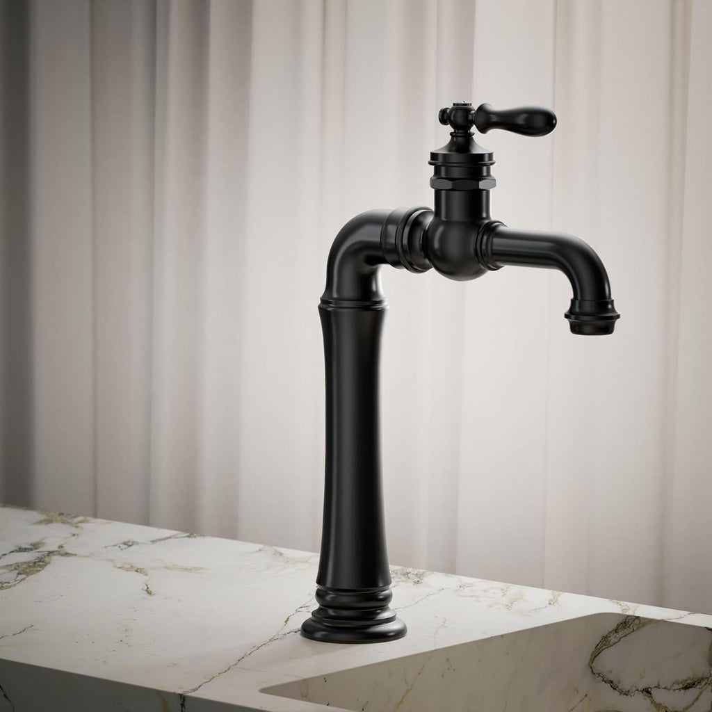 KOHLER K-72763-9M-BL Artifacts Gentleman's Single-Handle Bathroom Sink Faucet, 1.2 GPM, Vintage Inspired, Matte Black