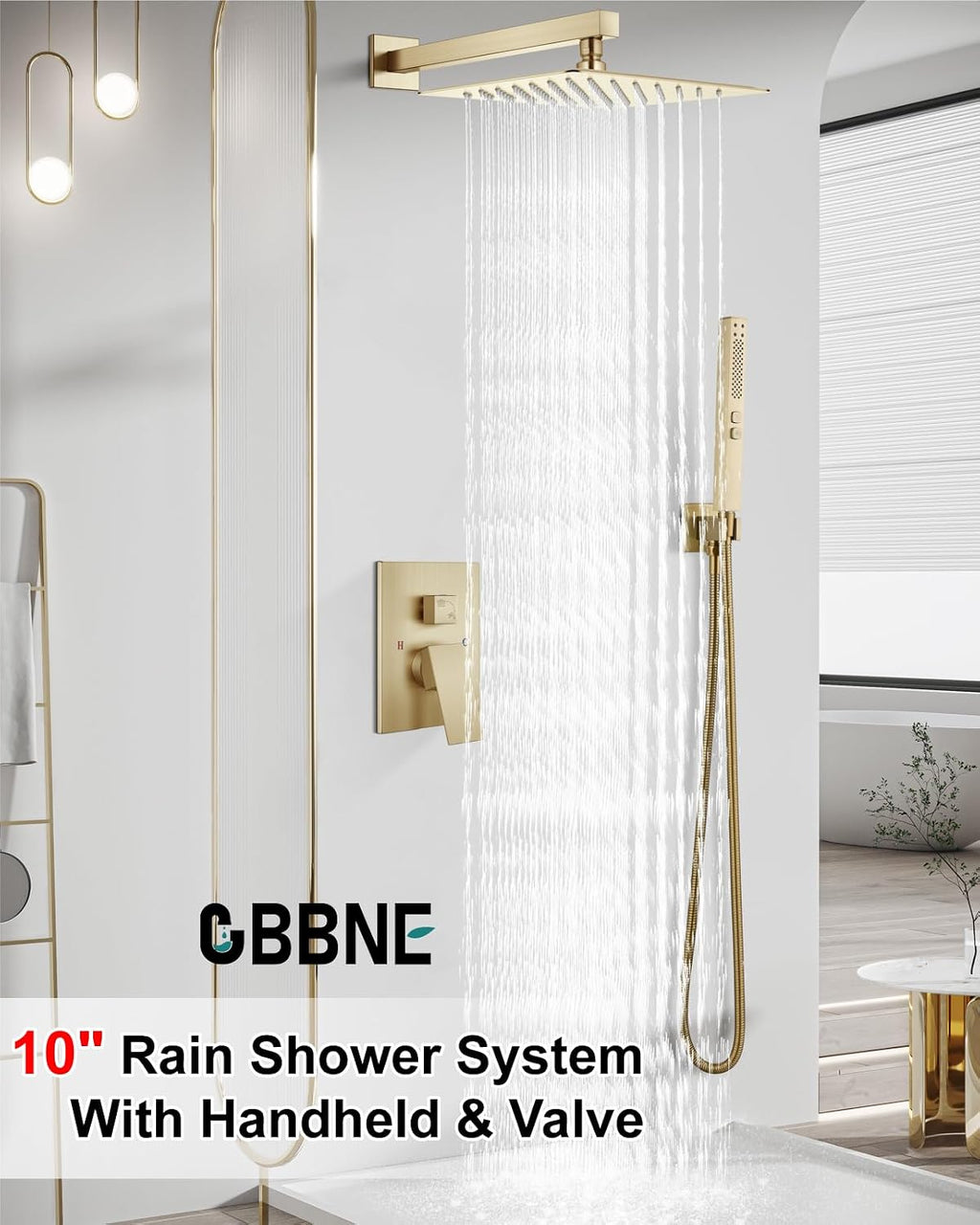 Shower Faucet Set Rainfall Shower System with Square Showerhead and Handle Set Fixture with 2 in 1 Function Handheld Sprayer Wall Mounted Trim Repair Kit Rough-in Valve 10 Inch Brushed Gold