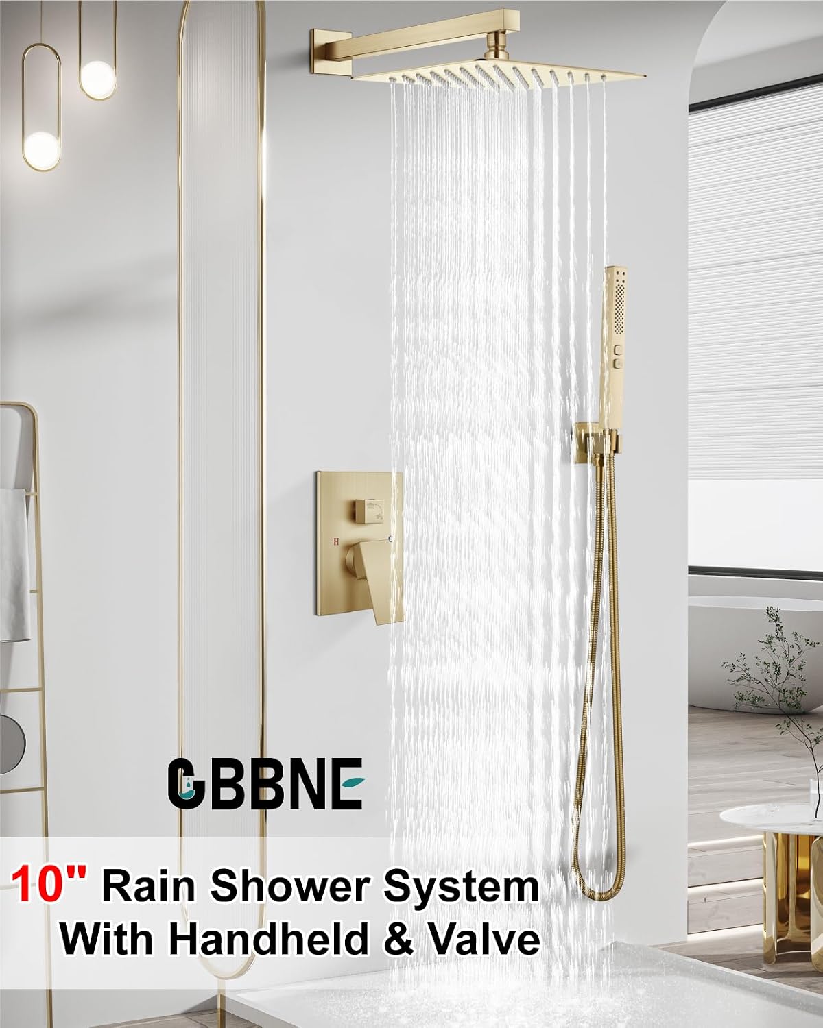 Shower Faucet Set Rainfall Shower System with Square Showerhead and Handle Set Fixture with 2 in 1 Function Handheld Sprayer Wall Mounted Trim Repair Kit Rough-in Valve 10 Inch Brushed Gold