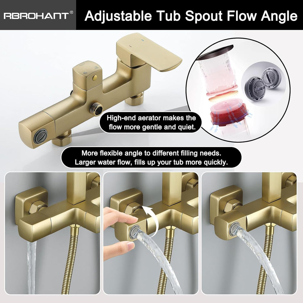 RBROHANT Brushed Gold Exposed Shower System with Tub Spout, Exposed Shower Fixtures for Bathroom with Brass 3-Functional Valve, Shower Height Adjustable, Wall Mounted