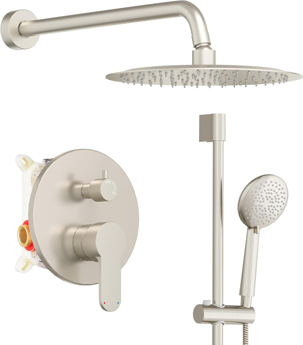 Gabrylly Shower System, Slide Bar Shower Faucet Set with High Pressure 10' Rain Shower Head and 5-Setting Handheld Spray, 2-Way Shower Valve Kit, Brushed Nickel