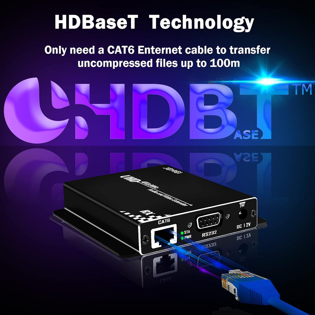 HDBasT HDMI Extender Over Cat5e/6 Ethernet up to 100m(328fts),JCHICI UHD 4K 60Hz (4:2:0 8-bit) with Bi-Directional IR, PoC and RS 232, Lossless Transmission