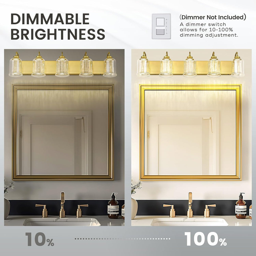 zeyu 5 Light Bathroom Wall Light, 30W Dimmable LED Vanity Lighting with 5 Color Modes, Brushed Gold Finish with Crystal Bubble and Clear Glass, ZSL72B-5W LED BG