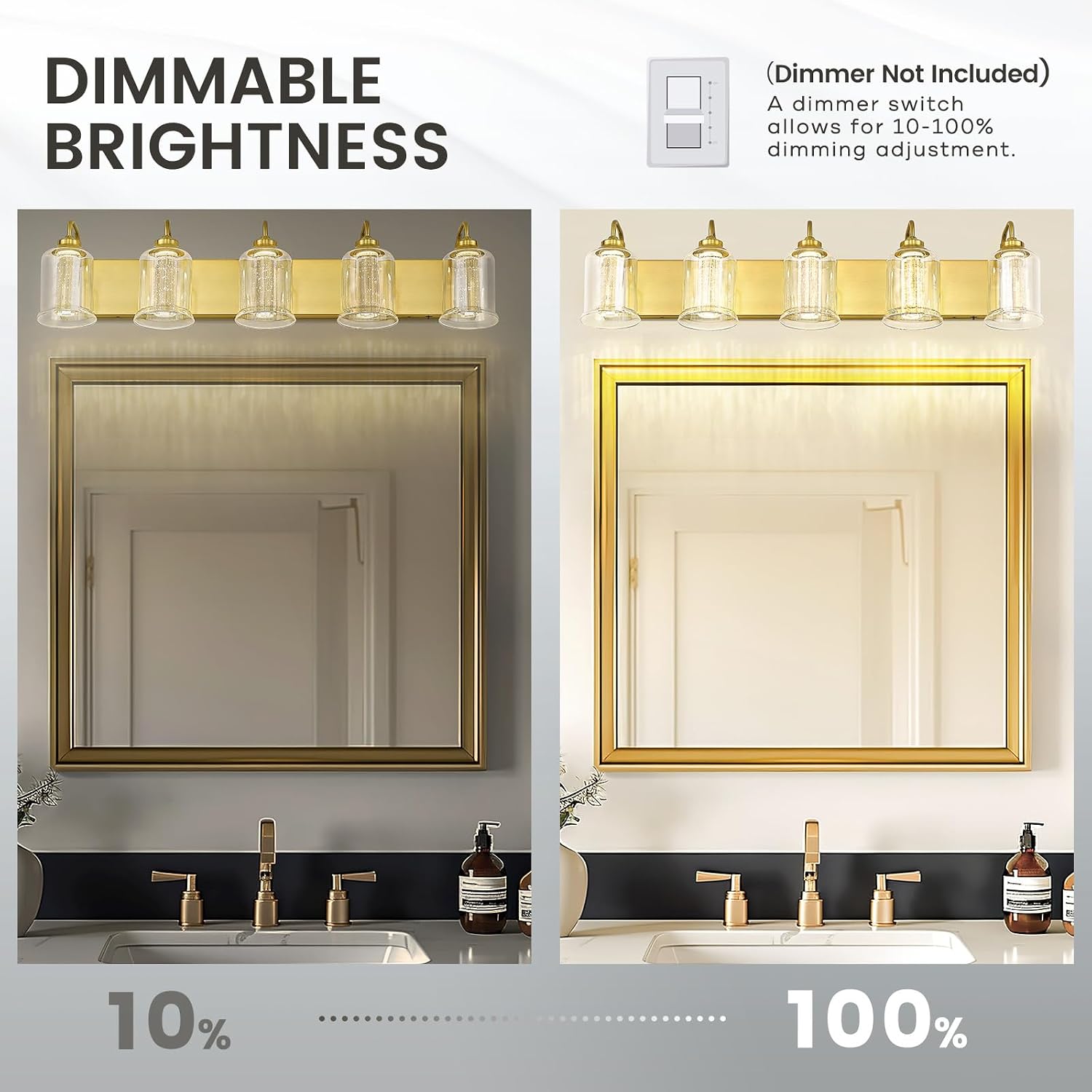 zeyu 5 Light Bathroom Wall Light, 30W Dimmable LED Vanity Lighting with 5 Color Modes, Brushed Gold Finish with Crystal Bubble and Clear Glass, ZSL72B-5W LED BG