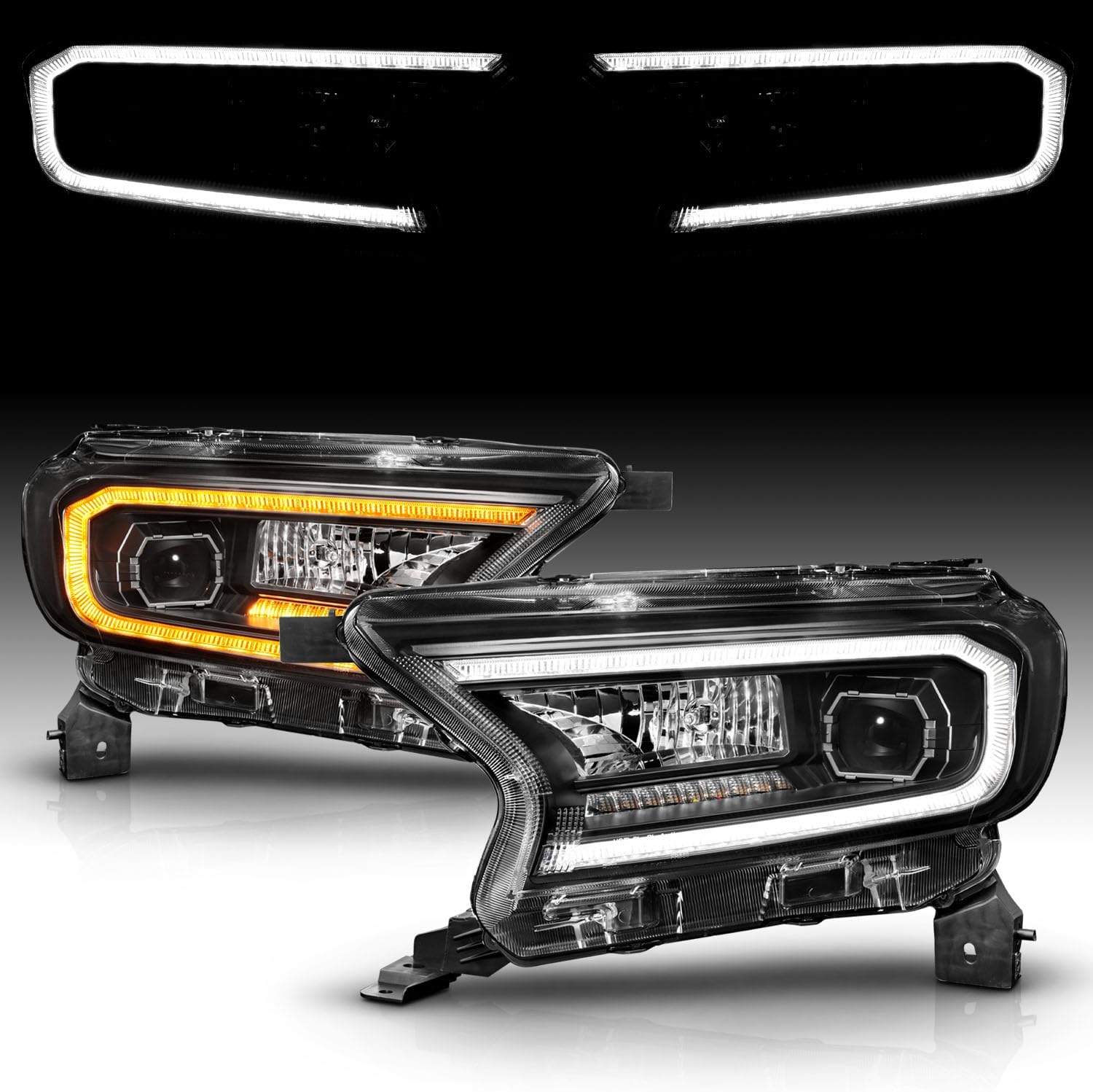 AmeriLite for 2019-2022 Ford Ranger XL/XLT Pickup Switchback LED Sequential Signal Tube Black Square Projector Headlight Set - Passenger and Driver Side