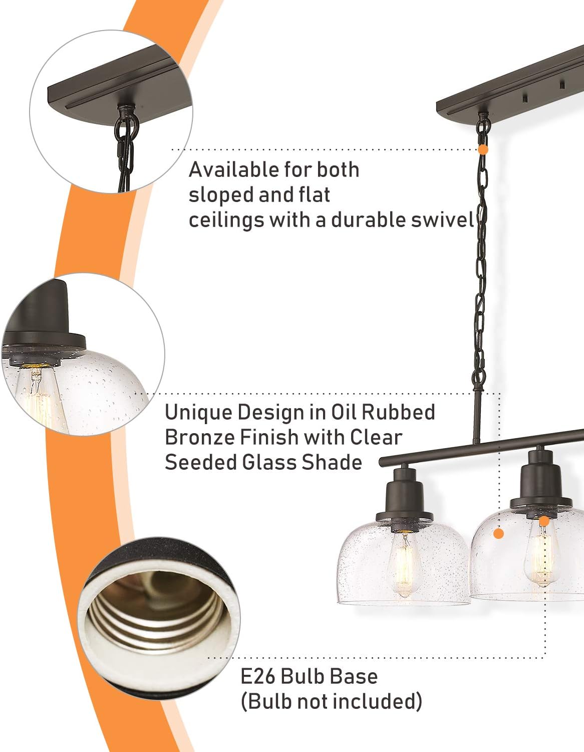 EAPUDUN 3-Light Kitchen Island Light, 35.4' Farmhouse Chandelier for Dining Room Pool Table Pendant Light, Black Finish with Seeded Bubble Glass, PDA1125-ORB