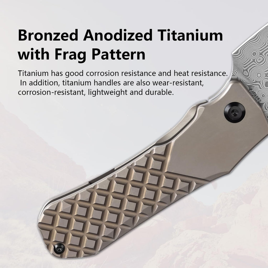 KANSEPT Loki Pocket Folding Knives for Men EDC Camping Folding Knife 2.99'' Damascus Blade Material Pocke Knife with Bronzed Anodized Titanium with Frag Pattern Handle Everyday Carry K1058B5