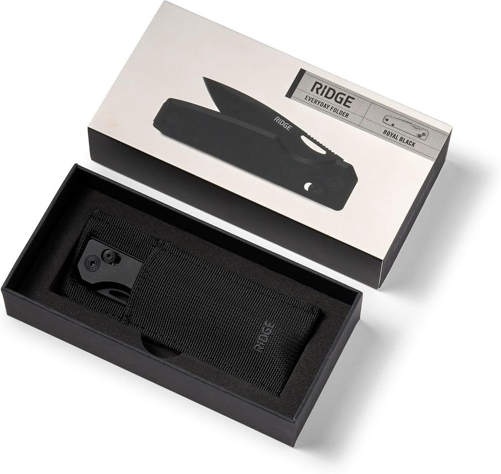 Ridge Everyday Folder Knife - Premium EDC Pocket Knife, Sandvik 14C28N Steel Drop Point Blade with Black DLC Finish, Ceramic Bearings, Deep Carry Clip & Multipurpose Design (Royal Black)