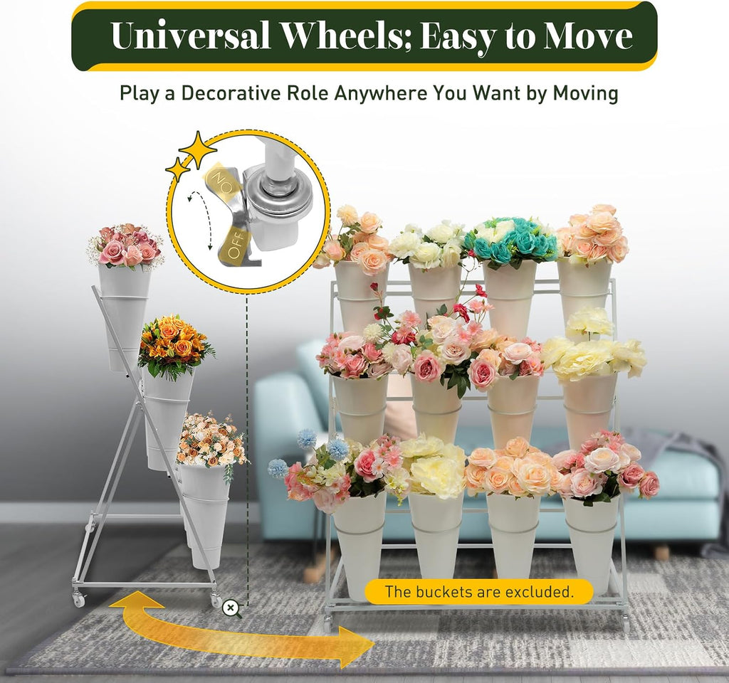 Flower Display Stand with 12Pcs White Round Buckets, 3 Layers White Metal Plant Stand with Wheels, Moving Florist Bouquet Shelf for Fresh Flowers Shop Patio Garden Outdoor Flower Pop-Up Events