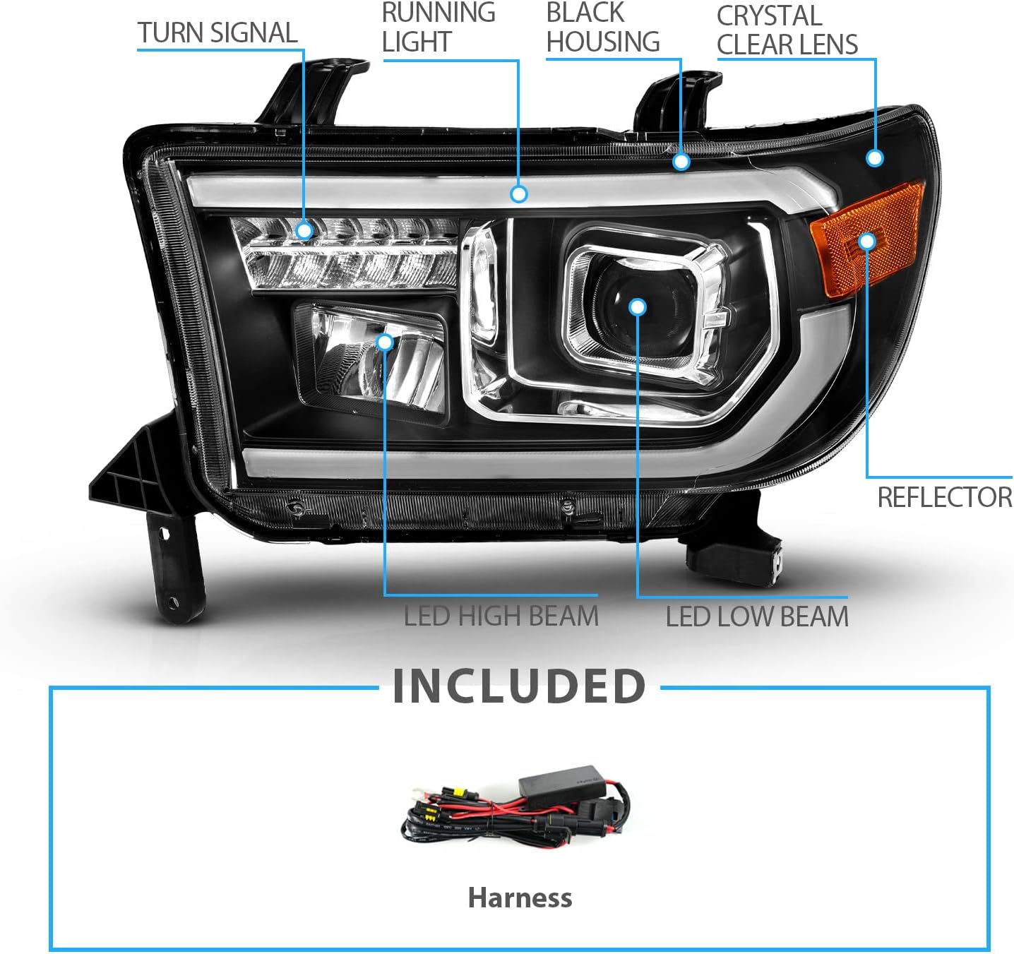 AmeriLite for 2007-2013 Toyota Tundra | 2008-2017 Sequoia [Full LED] Light Tube DRL Turn Signal Square Projector Headlight Set - Passenger and Driver Side