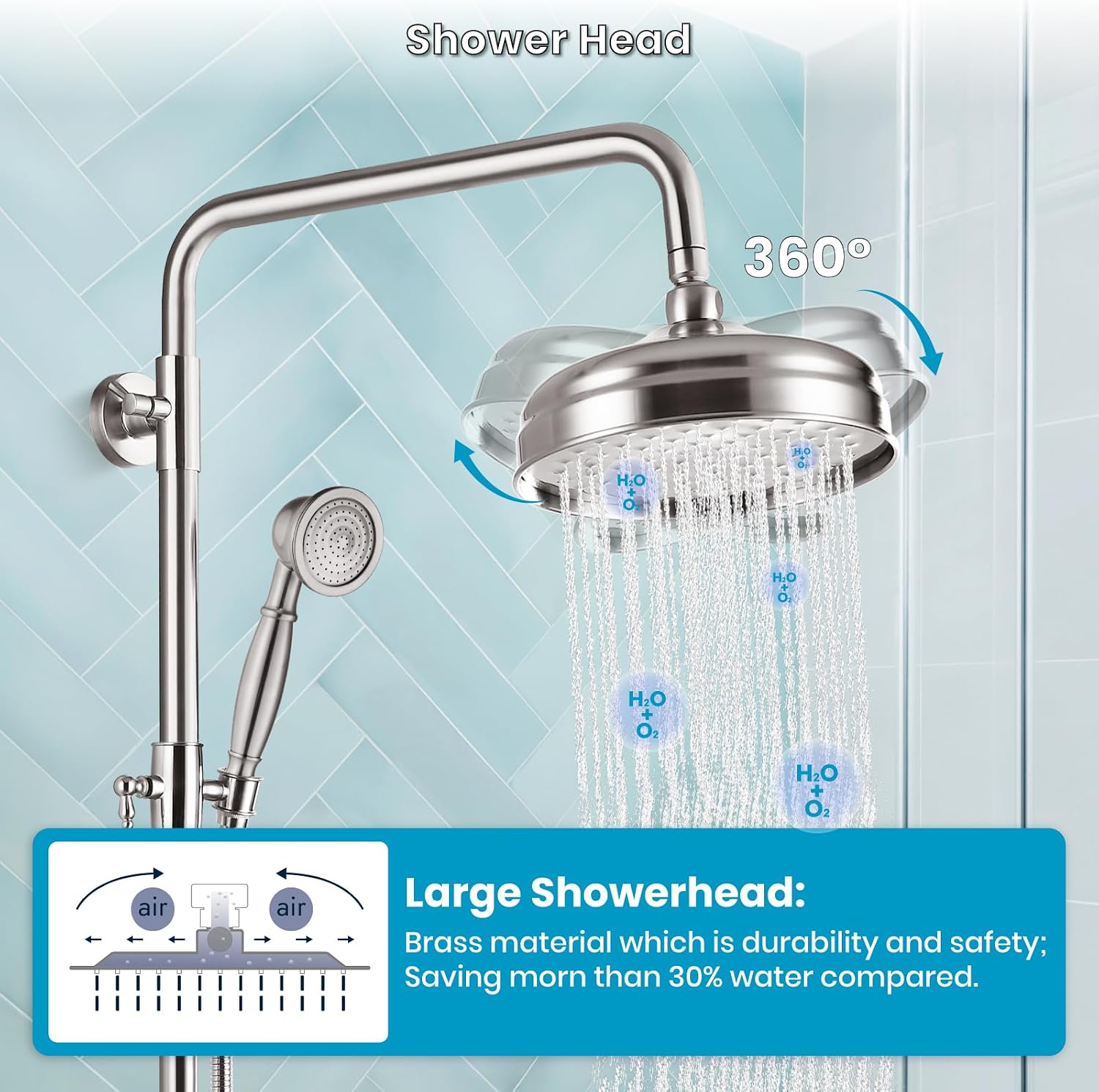 gotonovo Bathroom Exposed Shower Fixtures 8 Inch Rain Showerhead Double Cross Handles 2 Function Wall Mount Shower Faucet Set, Brass Handheld Spray, Brushed Nickel