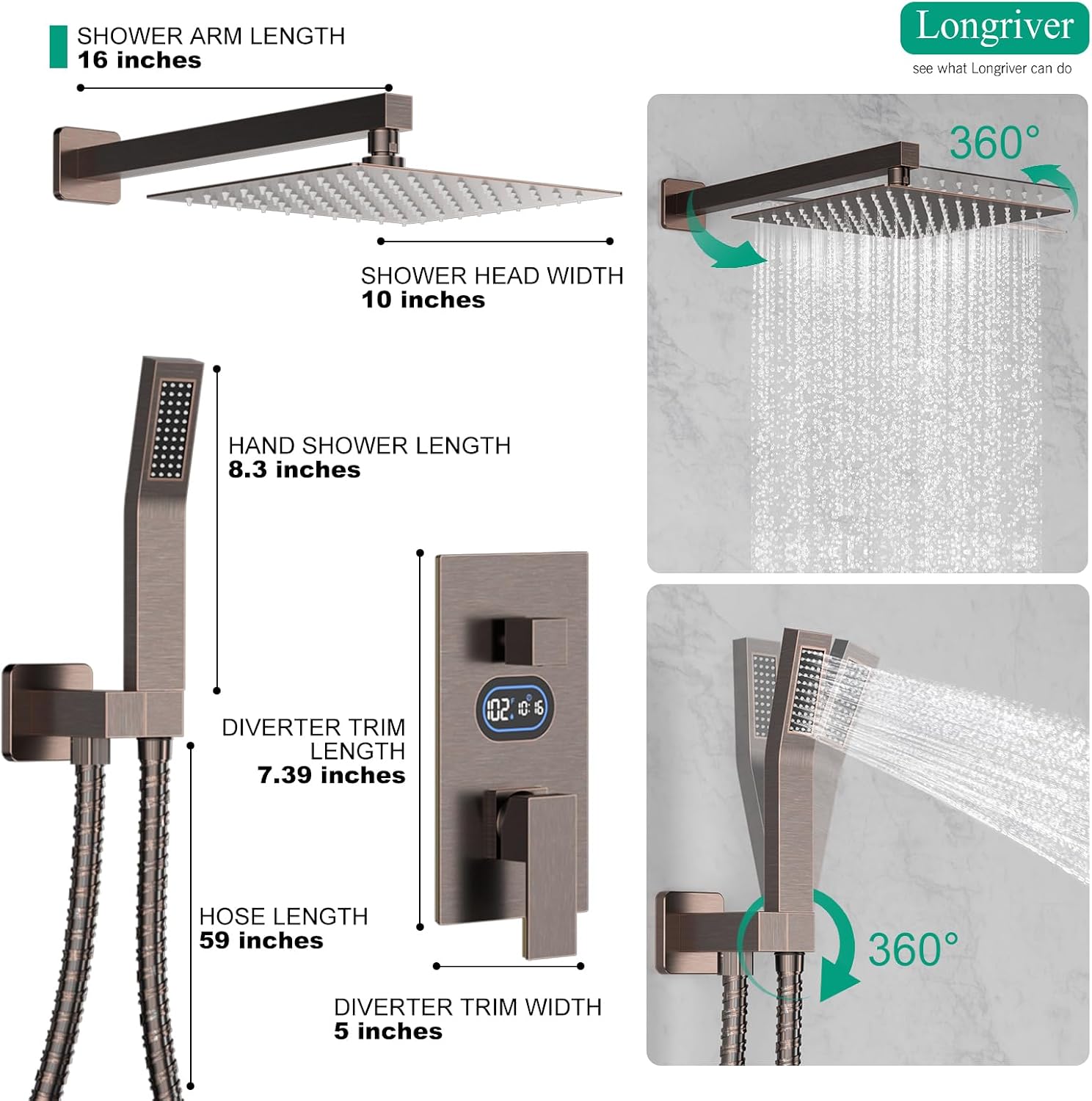 Longriver Shower Faucet Set with Hydro Power Temperature Display, Shower System 10 Inch Shower Head with Handheld Spray, Wall Mounted Shower Fixtures with Shower Valve and Trim Kit, Oil Rubbed Bronze