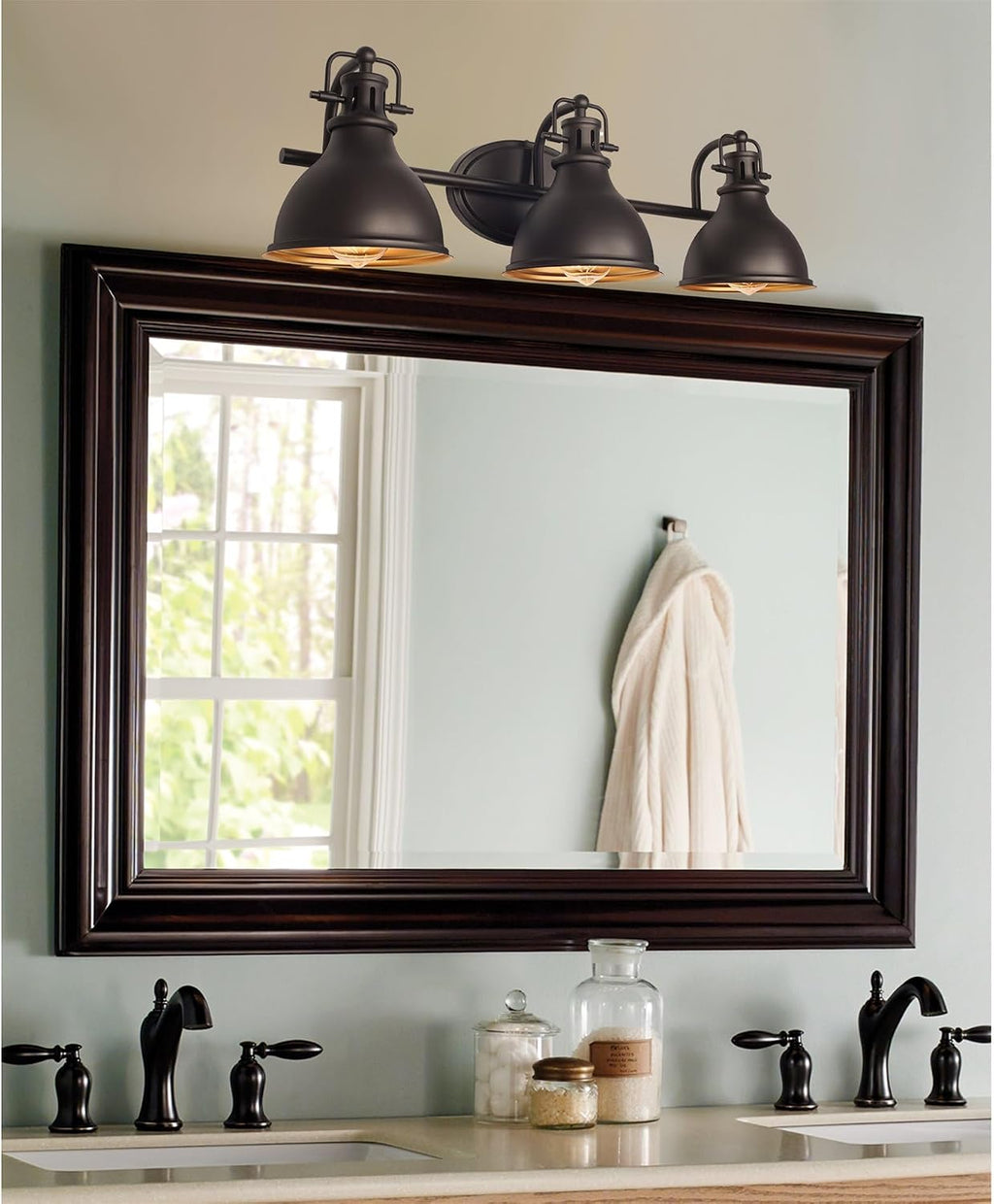 Kira Home Beacon 27' 3-Light Industrial Bathroom Vanity Light with Brass Interior Shades, Modern Farmhouse Wall Sconce, Oil Rubbed Bronze Finish