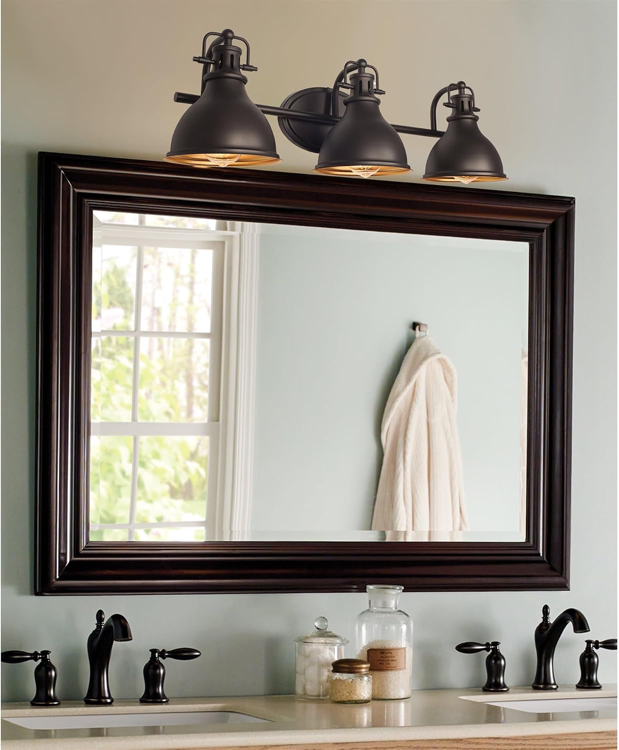 Kira Home Beacon 27' 3-Light Industrial Bathroom Vanity Light with Brass Interior Shades, Modern Farmhouse Wall Sconce, Oil Rubbed Bronze Finish