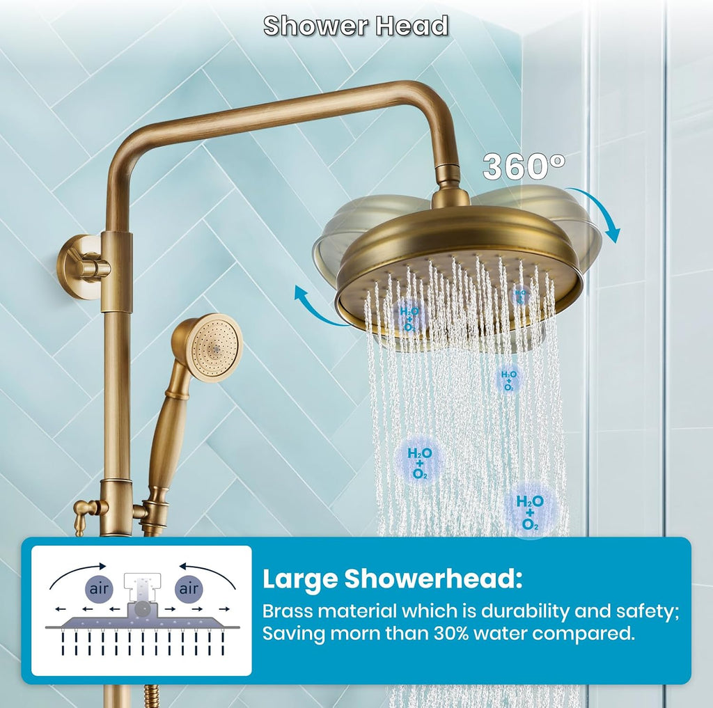 gotonovo Bathroom Exposed Shower Fixtures 8 Inch Rain Showerhead Double Cross Handles 2 Function Wall Mount Shower Faucet Set, Brass Handheld Spray, Antique Brass