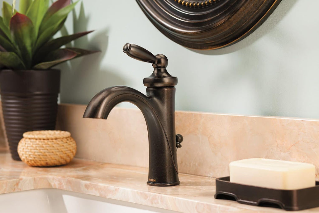 Moen Brantford Oil-Rubbed Bronze One-Handle Traditional Low-Arc Bathroom Faucet with Optional Deckplate and Available Vessel Sink Extension Kit, 6600ORB