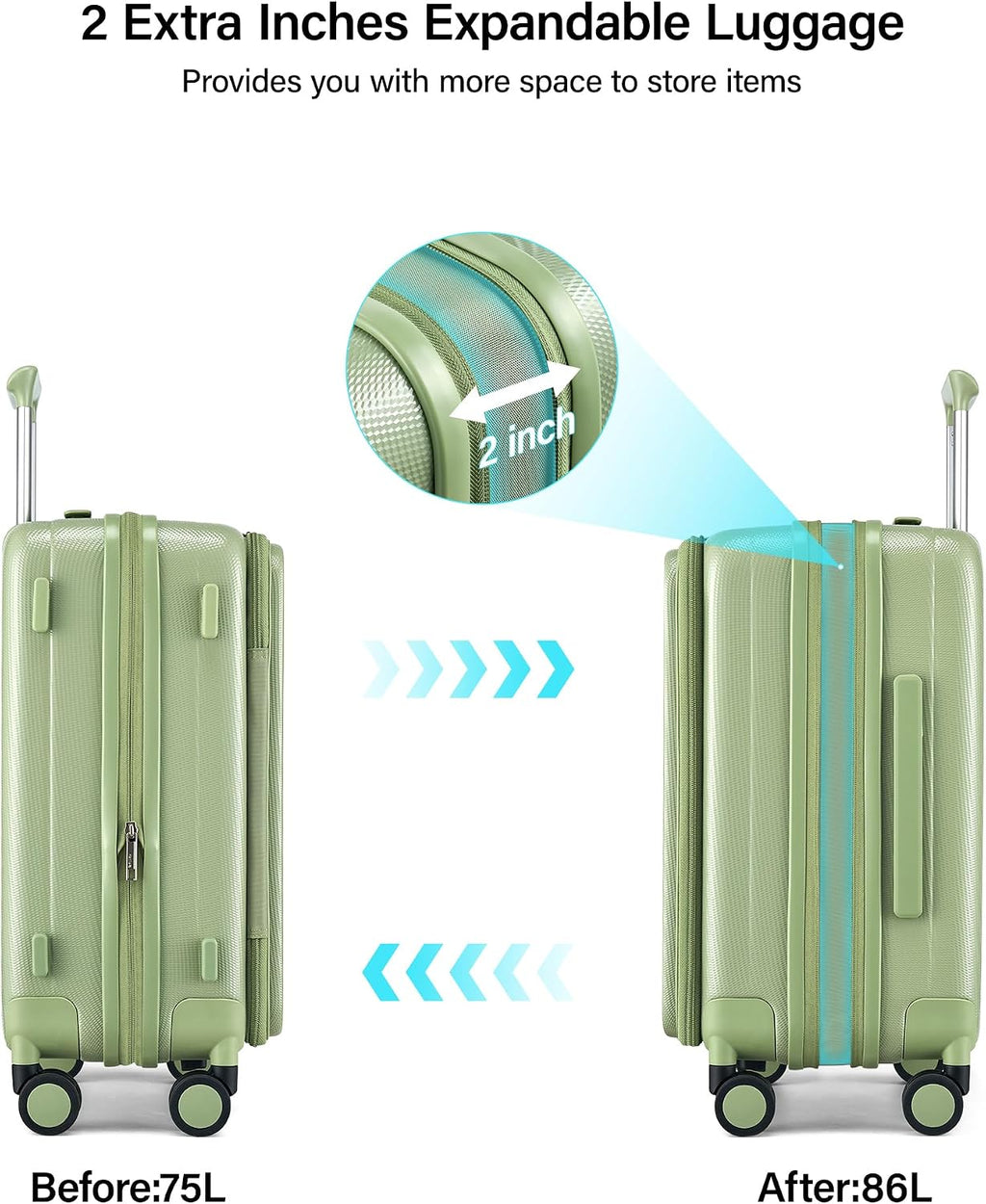 Hanke 24 Inch Expandable Luggage Top Opening Checked Bag Luggage Hard Shell Suitcases with Wheels Lightweight Travel Luggage Medium Suitcase with Lock for Woman Men-Bamboo Green
