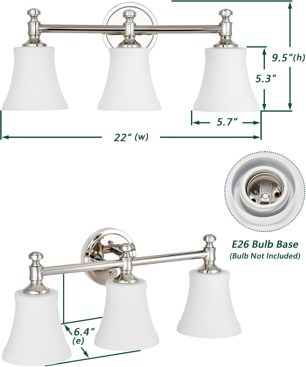 Polsihed Nickel Bathroom Vanity Light Fixtures, Traditional 3 Lights Wall Sconce Lighting with Large Opal Glass Shade, Porch Wall Mount Light Fixture for Bathroom, Mirror Cabinets Hallway Stairs