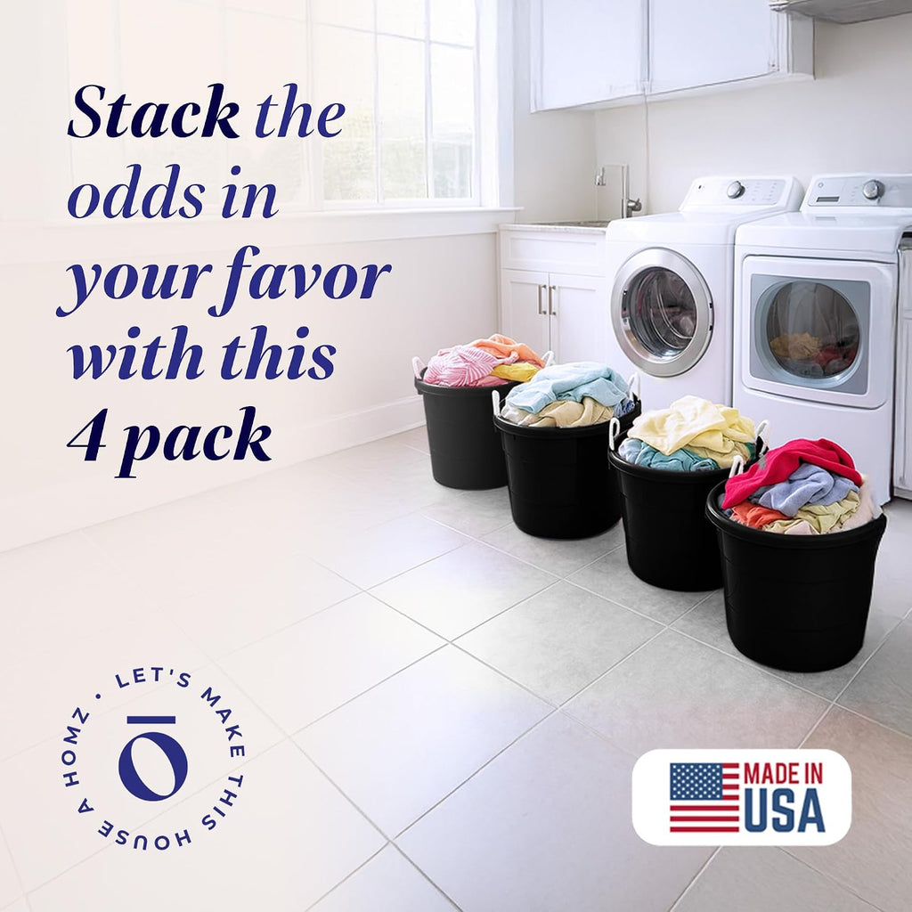 HOMZ 4-Pack Utility Tub, Large Plastic Storage Bucket with Rope Handles, 18 Gallon, Black - Portable Indoor and Outdoor Buckets for Kitchen, Laundry, Garden, Bathroom, and Garage Organization