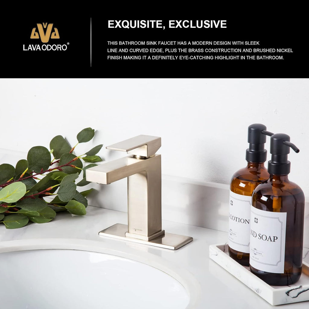Lava Odoro Single Hole Bathroom Faucet, Brushed Nickel Bathroom Sink Faucet Single Handle Vanity Faucet with Pop up Drain Assembly, Deck Plate Included, BF307-BN
