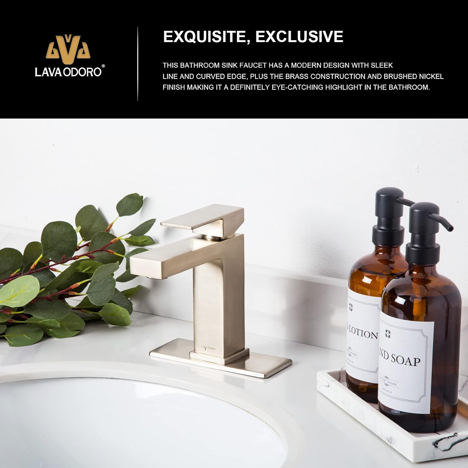 Lava Odoro Single Hole Bathroom Faucet, Brushed Nickel Bathroom Sink Faucet Single Handle Vanity Faucet with Pop up Drain Assembly, Deck Plate Included, BF307-BN