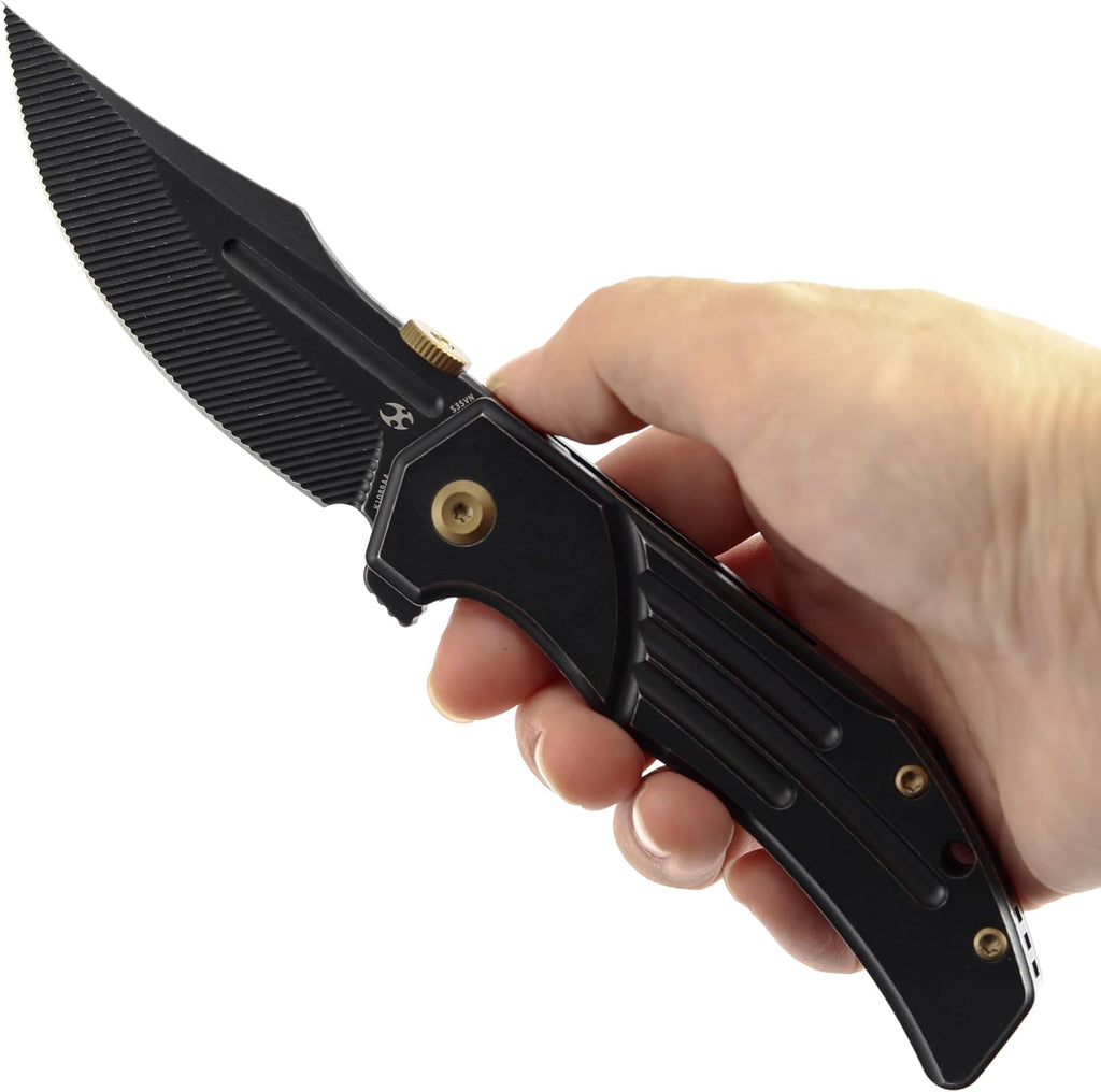 KANSEPT Orion Pocket Knife, 3.07' Blackwash S35VN Blade with Blood Groove and Black Titanium Handle Both Crafted with CNC Milling, Thumb Disk EDC Folding Knives for Camping, Hunting, Survival K1089A4