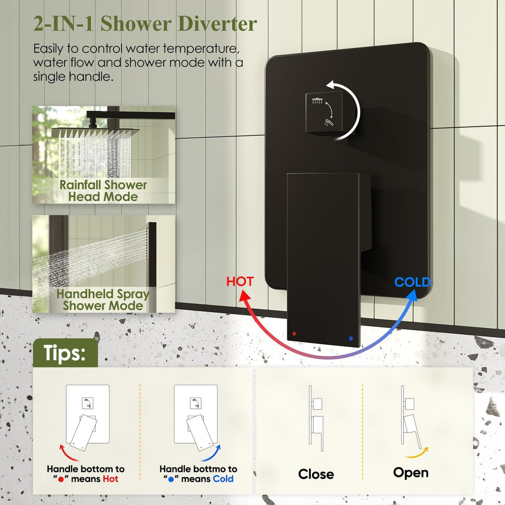 Kurpot Shower System, Matte Black Shower Faucet Set, 12 Inch Rain Shower Head with Handheld Spray, High Pressure Shower Head System with Shower Valve and Trim Kit, Wall Mounted Shower Head Set