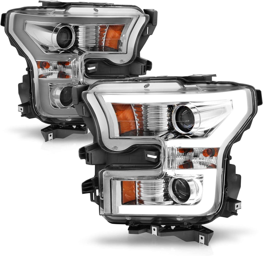 AmeriLite for 2015-2017 Ford F150 Truck LED Tube Dual Projector Beam Chrome Headlight Assembly Set - Driver and Passenger Side