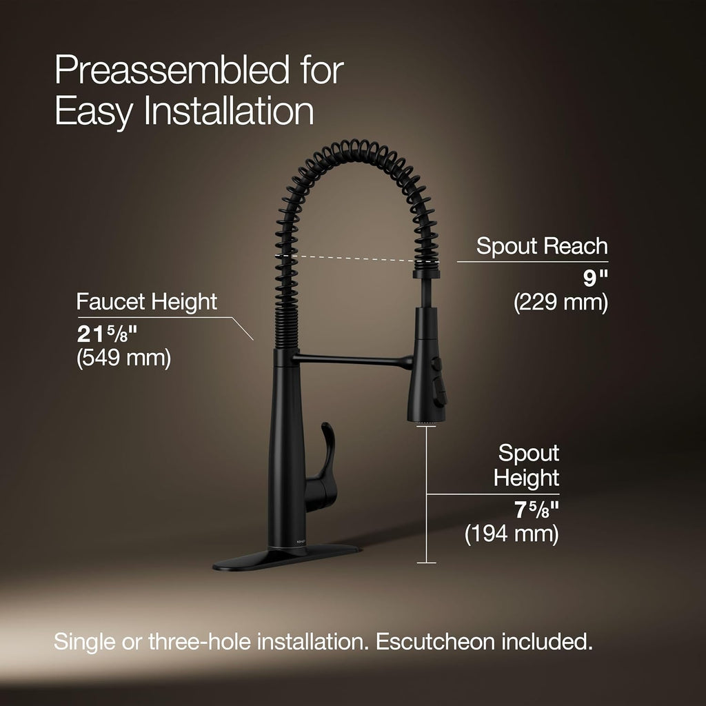 KOHLER 22033-BL Simplice Semi Professional Kitchen Sink Faucet, Three Function Sprayhead, Commercial Faucet, Matte Black