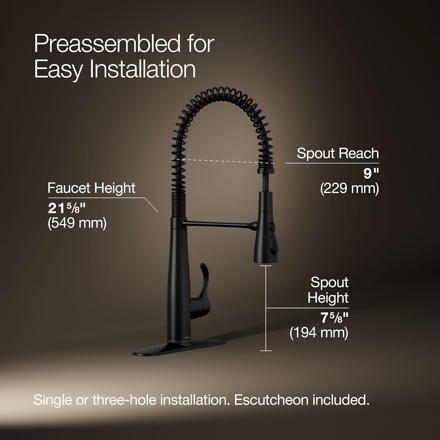 KOHLER 22033-BL Simplice Semi Professional Kitchen Sink Faucet, Three Function Sprayhead, Commercial Faucet, Matte Black