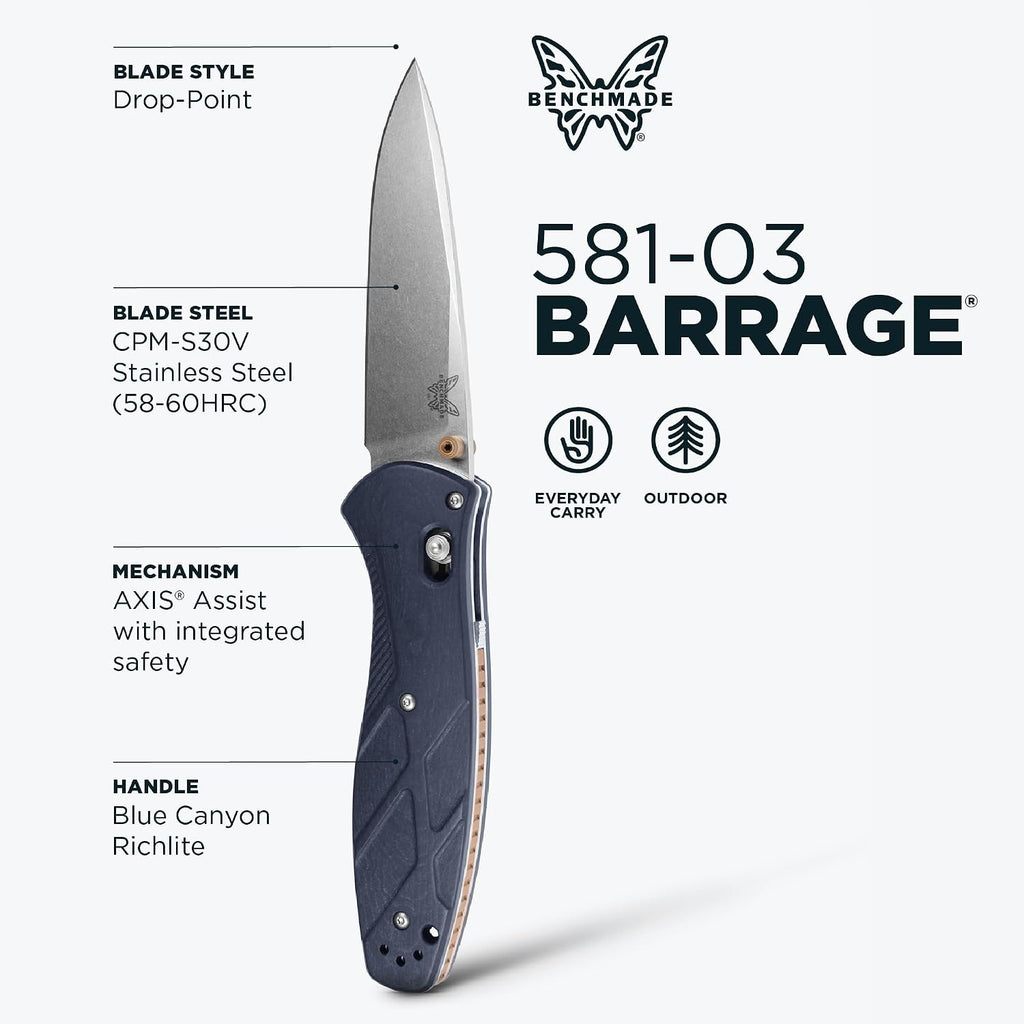 Benchmade - Barrage, Tactical, Every Day Knife, Plain Edge, Drop-Point Blade, Blue Canyon Richlite Handle (581-03)